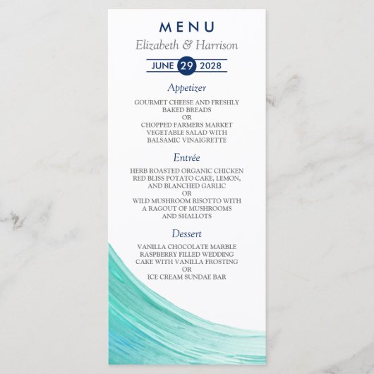 Elegant Turquoise Tides Strand Bruiloft Menu Kaart (Voorkant)