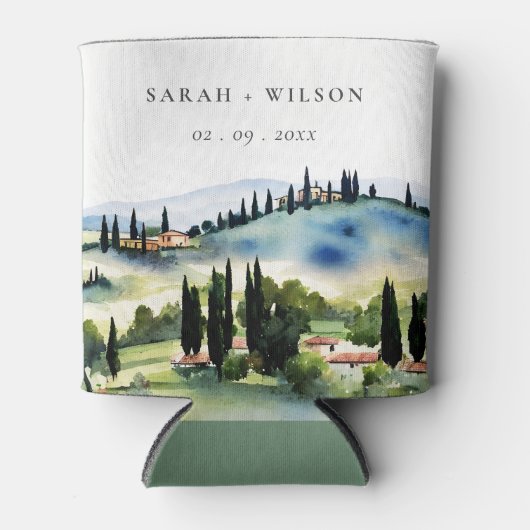 Elegant Tuscany Italië Waterverf Landschap Weddens Blikjeskoeler (Voorkant)