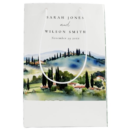 Elegant Tuscany Italië Waterverf Landschap Weddens Medium Cadeauzakje (Voorkant)