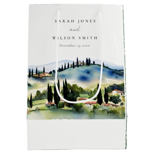 Elegant Tuscany Italië Waterverf Landschap Weddens Medium Cadeauzakje (Achterkant)