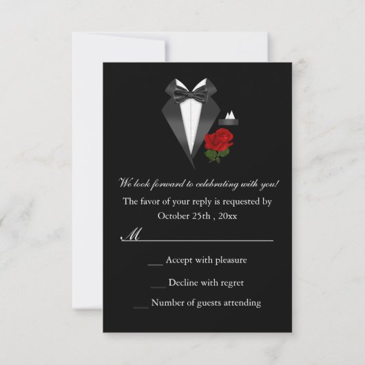 Elégant Tux & Rose Black Cravate Party RSVP (Dos)