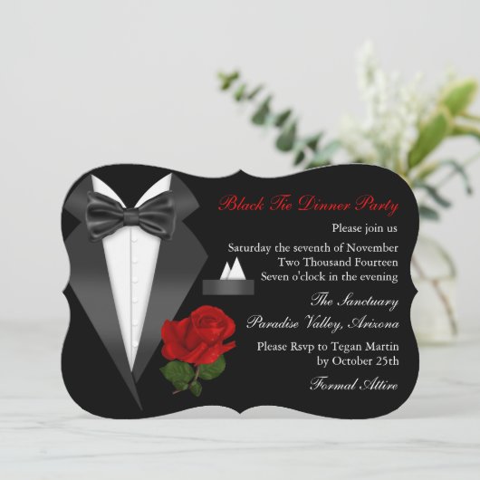 Élégant Tux & Rose Cravate noire Dîner Invitation (Debout devant)