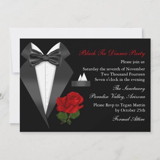Élégant Tux & Rose Cravate noire Dîner Invitation (Devant)