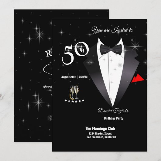 Elegant Tuxedo 50th Birthday Party Invitation Kaart (Voorkant / Achterkant)