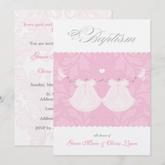 Elegant Twin Baby Girl Baptism Uitnodiging (Voorkant / Achterkant)