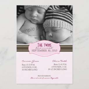 Elégant Twins Faire-part de naissance : Bébé rose
