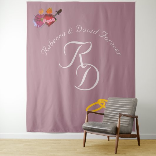 Elegant Two Hearts Catholic Monogrammed Wedding Wandkleed (In situ)