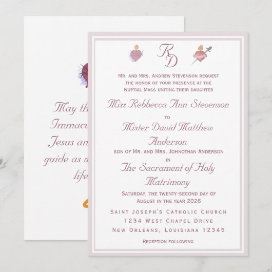 Elegant Two Hearts Catholic Wedding Invitation (Devant / Derrière)