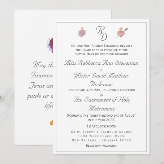 Elegant Two Hearts Catholic Wedding Invitation (Devant / Derrière)