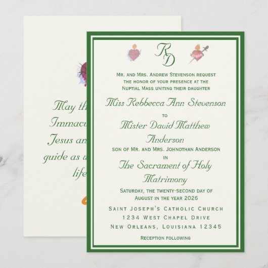 Elegant Two Hearts Catholic Wedding Invitation (Devant / Derrière)