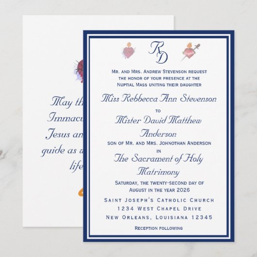 Elegant Two Hearts Catholic Wedding Invitation (Devant / Derrière)