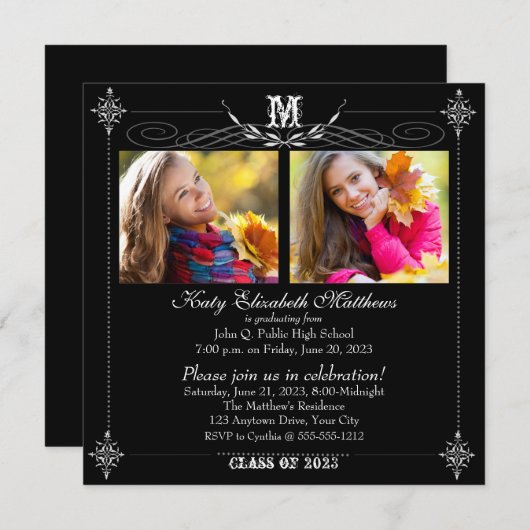 Elegant Two Photo Monogram Afstuderen Kaart (Voorkant / Achterkant)