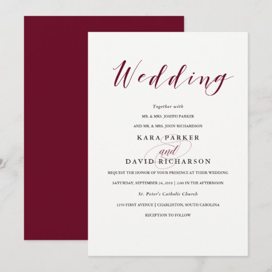 Elegant Typografie | Marsala Wedding Kaart (Voorkant / Achterkant)