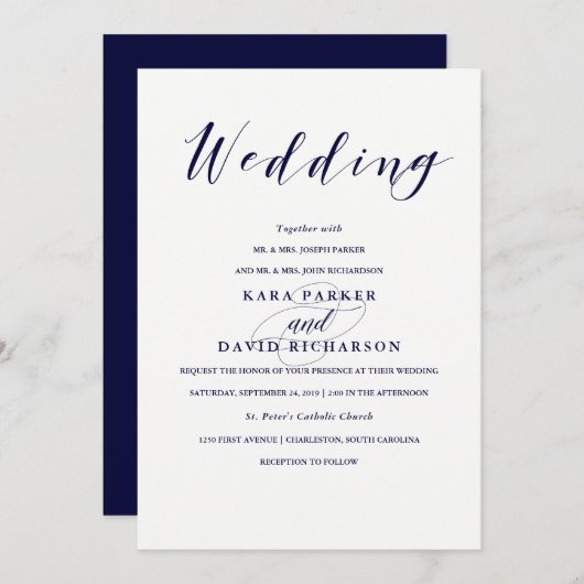Elegant Typografie | Navy Blue Wedding Kaart (Voorkant / Achterkant)
