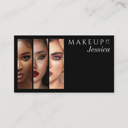 Elegant Typography Black White 3 Photo Makeup Visitekaartje (Voorkant)