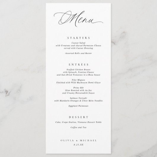 Elegant Typography Black & White Wedding Dinner Menu (Voorkant)