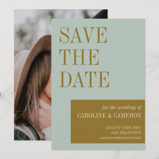 Elegant Typography Blue Gold Photo Wedding Save The Date (Voorkant / Achterkant)