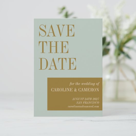Elegant Typography Blue Olive Gold Wedding Save The Date (Staand voorkant)