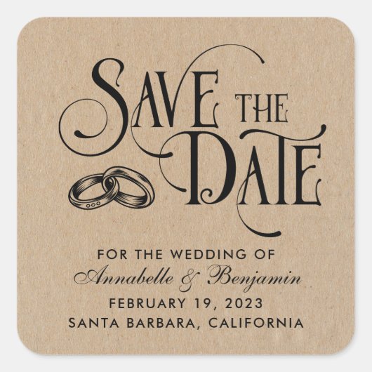 Elegant Typography Kraft Wedding Save the Date Vierkante Sticker (Voorkant)