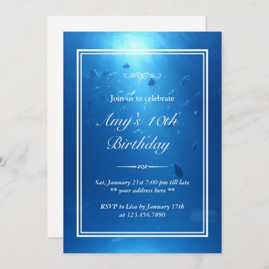 Elegant Underwater Zee Theme Birthday Party Invite Kaart (Voorkant / Achterkant)