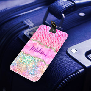 Elegant unicorn roze glitter rhinestone monogram bagagelabel