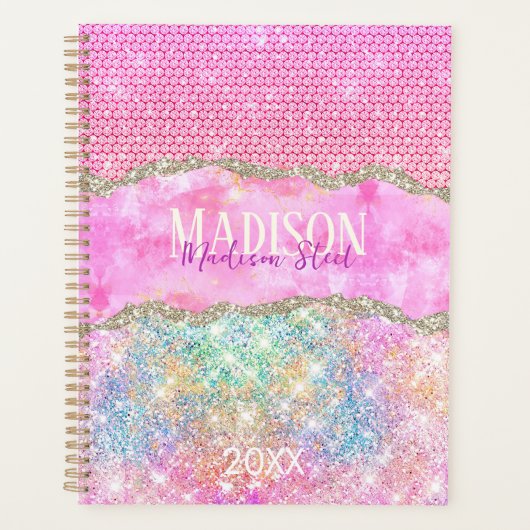 Elegant unicorn roze glitter rhinestone monogram planner (Voorkant)