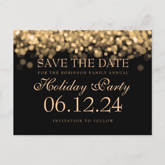 Elegant vakantiefeest Bewaar de datum Gouden Licht Aankondigingskaart (Voorkant)