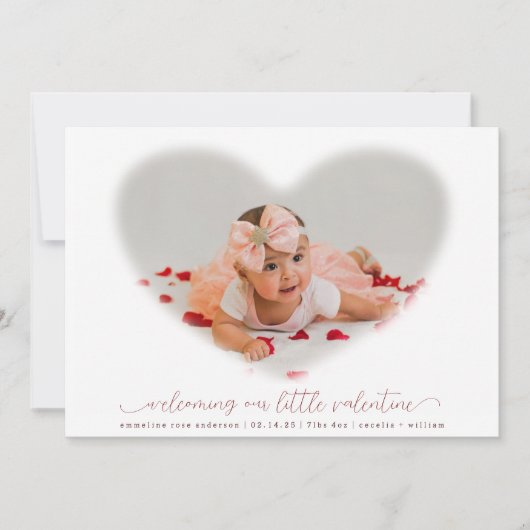 Elegant Valentijn Fotobedekking geboortebekendmaki Kaart (Voorkant)