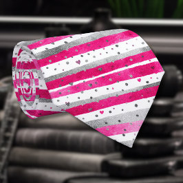 Elegant Valentine Pink Silver Hearts on Striped Stropdas