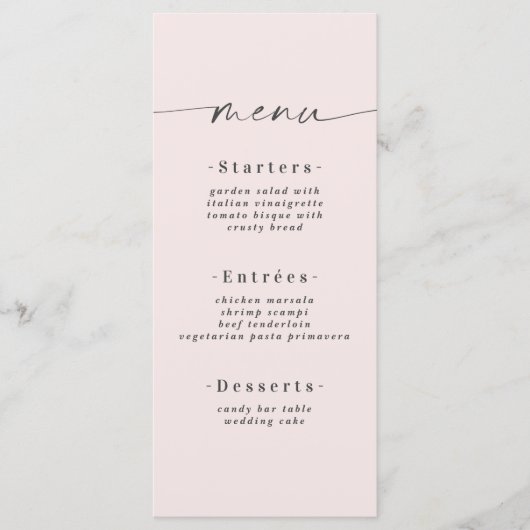Elegant vaste kleur Blush Powder Pink Weddenschap Menu (Voorkant)