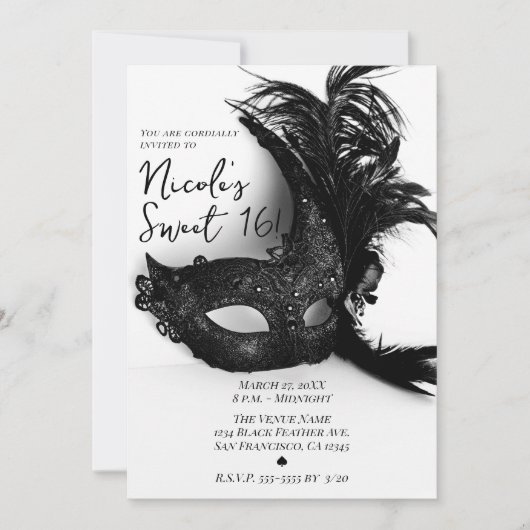 Elegant Veer Maskerade Zwart & Wit Sweet 16 Kaart (Voorkant)