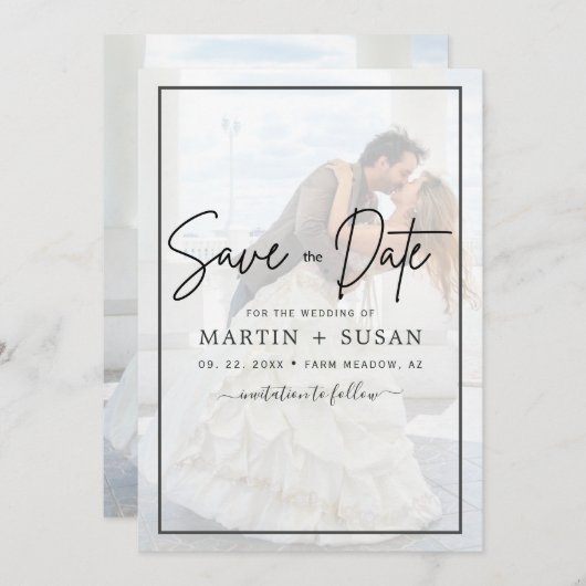 Elegant Vellum Black & White Overlay Photo Wedding Save The Date (Voorkant / Achterkant)