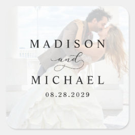 Elegant Vellum Black & White Overlay Photo Wedding Vierkante Sticker
