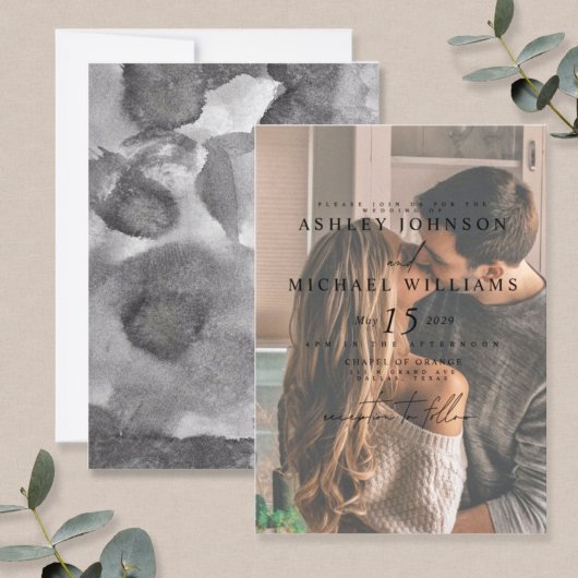 Elegant Vellum Overlay Waterverf Foto bruiloft Kaart