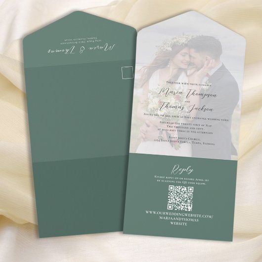Elegant Vellum Photo Overlay Green | QR-code RSVP All In One Uitnodiging