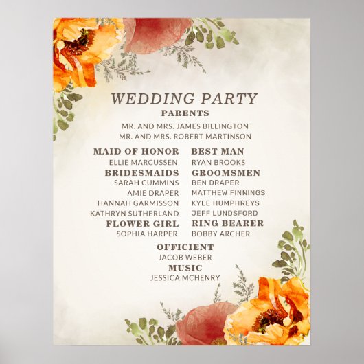 Elegant Verbrand Oranje Bloemen Bruiloftsprogramma Poster (Voorkant)