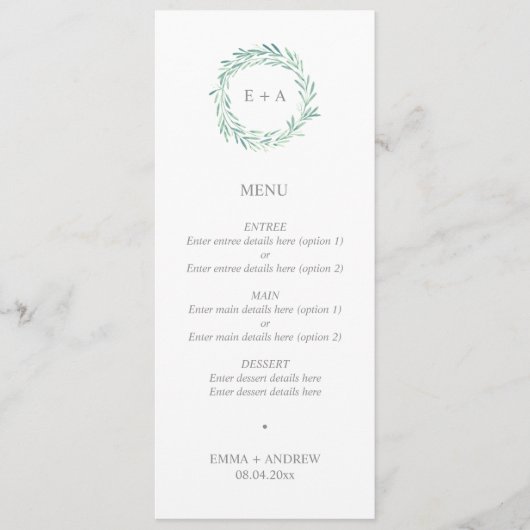 Elégant verdure Wreath Monogram Menu Mariage (Devant)