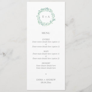 Elégant verdure Wreath Monogram Menu Mariage