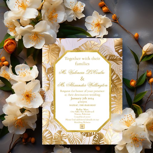 Elegant verguld goud Monstera bestemming bruiloft Kaart