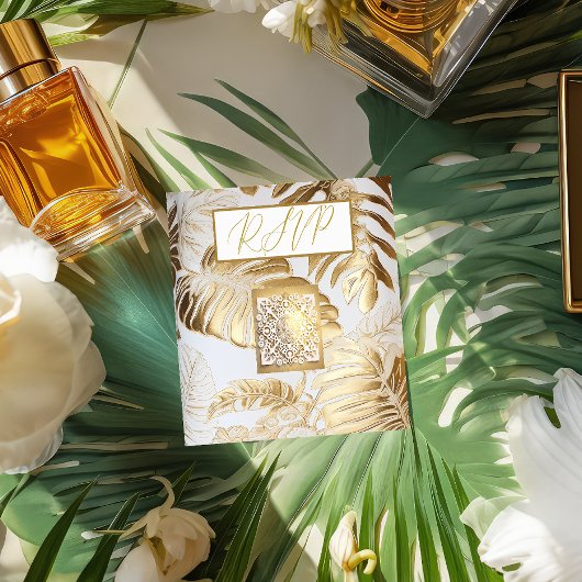 Elegant Verguld Goud Monstera Bruiloft QR Code RSV Informatiekaartje