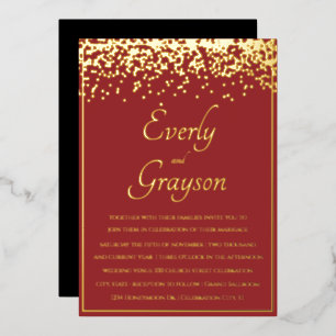 Elegant Veri Red en Gold Confetti Wedding Folie Uitnodiging