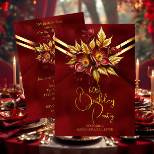 Elegant verjaardagsfeest Rood bloemmotief Nep fluw Kaart