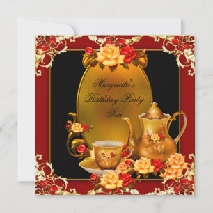 Elegant verjaardagsfeestje vintage thee rood goud kaart