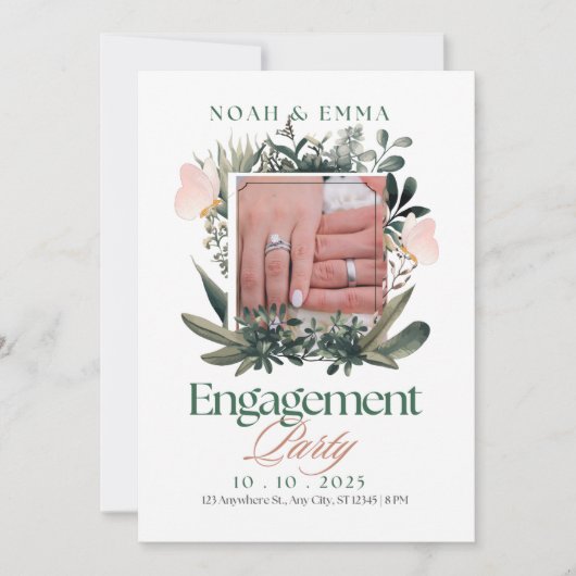 Elegant verlovingsfeest uitnodiging – Botanisch & (Voorkant)