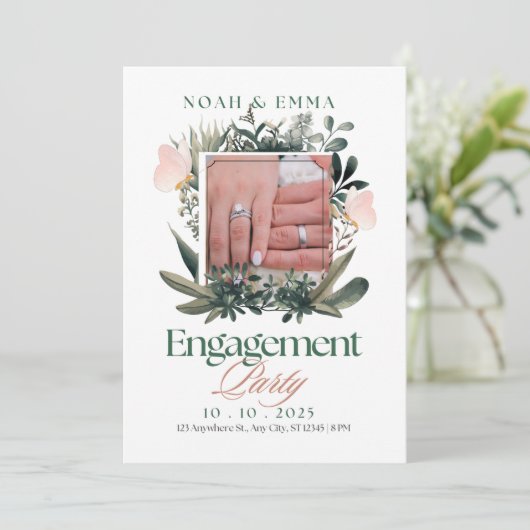 Elegant verlovingsfeest uitnodiging – Botanisch & (Staand voorkant)