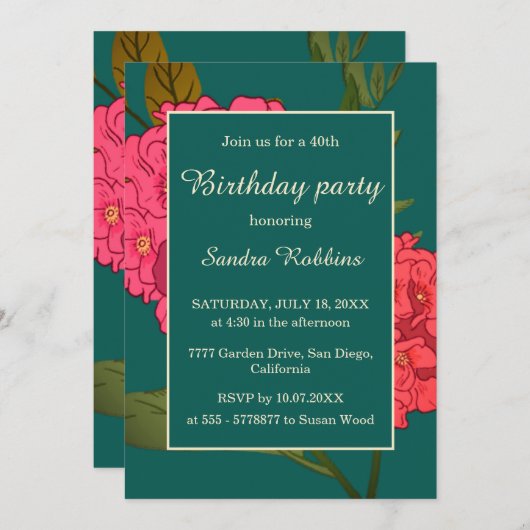 Elégant vert avec invitation à fleur rose (Devant / Derrière)