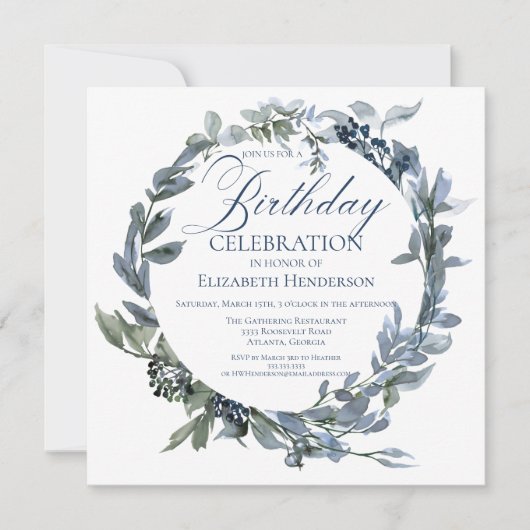 Elégant vert et bleu Floral Invitation Anniversair (Devant)