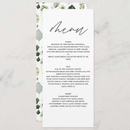 Élégant vert moderne script botanique menu mariage (Devant / Derrière)
