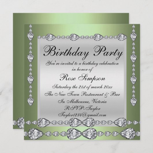 Elégant Vert & Silver Diamond Invitation d'anniver (Devant / Derrière)