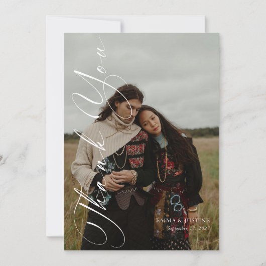 Elegant Verticaal Script Foto Bruiloft Bedankkaart (Voorkant)